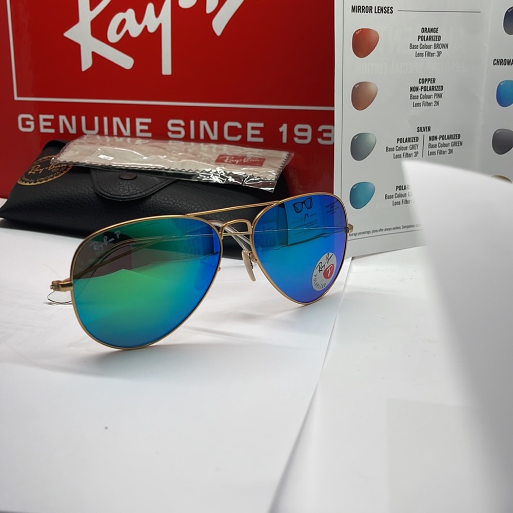 Brand New & Auth Ray ban Aviator Polarized Gold with Forest Green Mirror 58 - Picture 2 of 8